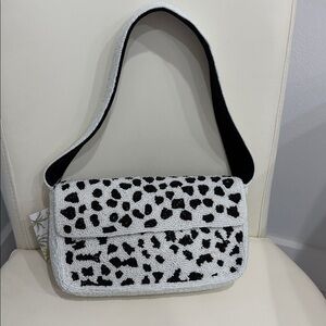 America & Beyond Elegant Black and White Print Beaded Shoulder Bag